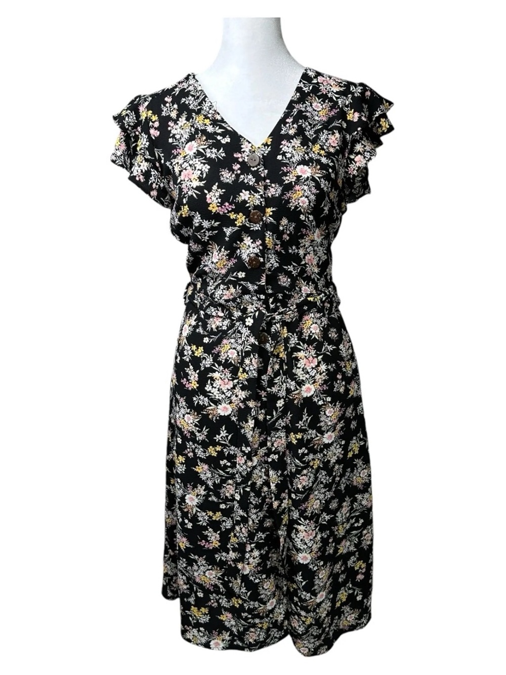 Monteau Black Floral V-Neck Tie-Waist Midi Dress with Pink & Cream Accents